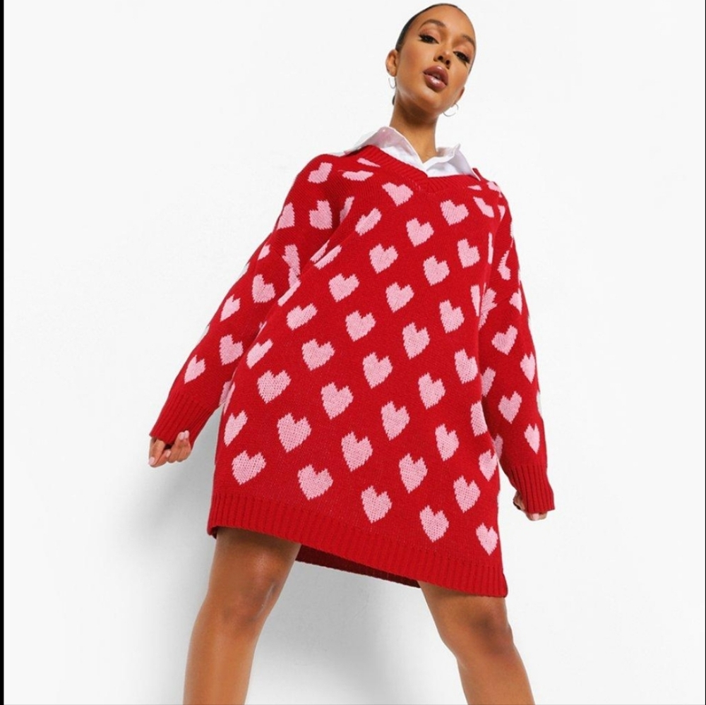Boohoo Red and Pink Heart V-Neck Sweater